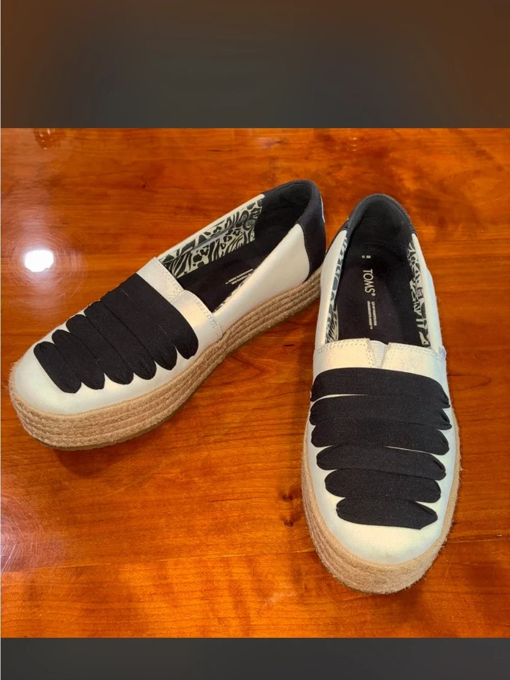 Toms Black and White Platform Espadrille Slip-Ons